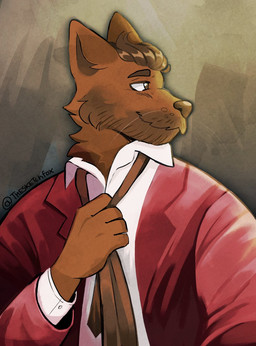 adjusting_tie brown_background brown_eyebrows brown_eyes brown_hair brown_necktie brown_nose cheek_tuft clothed clothed_male clothing collared_shirt dress_shirt eyebrow_whiskers eyebrows facial_tuft fluffy fully_clothed fully_clothed_male hair looking_aside male neck_tuft necktie red_clothing red_suit red_suit_jacket shirt short_hair simple_background smile solo suit suit_jacket topwear tuft whisker_spots whiskers white_dress_shirt thesketchfox nikoli_volk canid canine canis mammal wolf 2024 half-length_portrait portrait signature