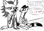 anthro barefoot box clothed clothing container dialogue duo feet female food male neck_tuft sitting speech_bubble text tuft inkyfrog disney zootopia adam_(inkyfrog) fan_character canid canine linsang mammal maned_wolf viverrid 2017 english_text