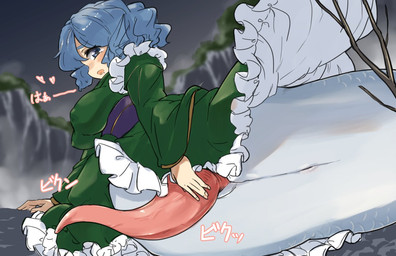animal_genitalia animal_genitalia_on_humanoid animal_penis big_penis blue_eyes blue_hair bodily_fluids bottomless bottomless_gynomorph bottomless_intersex breasts cetacean_genitalia cetacean_penis cloaca clothed clothing crossgender ear_frill embarrassed erection frill_(anatomy) ftg_crossgender fti_crossgender genitals gynomorph gynomorph_humanoid hair heart_symbol intersex intersex_humanoid legless looking_back lying nipple_outline on_side penis pink_penis solo split_form sweat sweatdrop tan_body tan_skin tapering_penis text whis11 touhou wakasagihime animal_humanoid aquatic aquatic_humanoid humanoid merfolk 2022 digital_drawing_(artwork) digital_media_(artwork) japanese_description japanese_text
