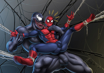 abs ball_size_difference balls big_balls big_bulge big_penis black_goo bodily_fluids bulge corruption duo entangled forced genitals human_on_humanoid interspecies male male/male muscular muscular_male not_furry penis penis_size_difference saliva saliva_on_tongue sharp_teeth small_penis teeth asmodisart marvel spider-man_(series) spider-man_(character) venom_(marvel) human humanoid mammal