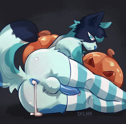 after_anal after_sex anthro anus ass_up balls big_butt blue_body blue_eyes blue_fur blue_penis blush blush_lines bodily_fluids butt clothing cum cum_drip cum_inside curved_tail dripping erection femboy fluffy_balls food footwear from_behind_position fruit fur genital_fluids genitals huge_butt jack-o'-lantern male multicolored_body multicolored_fur penis plant precum precum_drip presenting presenting_hindquarters pumpkin sex simple_background socks solo submissive submissive_male tail sflnx blueberry_(blueberrycalico) hi_res source_request