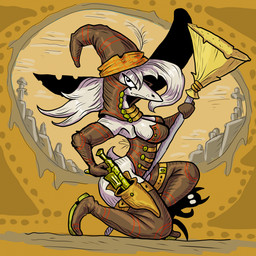 anthro arms_bent armwear bent_legs boots breasts broom brown_clothing cleaning_tool cleavage clothed clothed_anthro clothed_female clothing crouching elbow_gloves eyelashes female footwear gloves gun hair handwear hat headgear headwear holding_broom holding_cleaning_tool holding_gun holding_object holding_ranged_weapon holding_weapon holstered_pistol leather leather_boots leather_clothing leather_footwear leather_gloves leather_handwear legwear leotard long_hair looking_at_viewer pupils ranged_weapon shirt_collar shoes side_view small_waist solo strapless_clothing strapless_leotard thigh_boots thigh_highs weapon white_body white_hair witch_hat zhmernalt steamfalish_witch 1:1 2026 digital_drawing_(artwork) digital_media_(artwork) hi_res