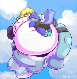 anthro belly belly_expansion bloated blue_body blue_fur bodily_fluids bottomwear breasts clothing crop_top expansion female fur green_eyes inflated_belly inflated_breasts inflated_tail inflation larger_female male male/female navel nipple_outline nipples overweight overweight_female overweight_male pants paws shirt shorts size_difference smaller_male solo sweat sweatdrop topwear torn_bottomwear torn_clothing torn_pants torn_topwear yellow_body yellow_eyes yellow_fur tuvandalist tribal_hunter captain_killsha fan_character moon_(tuvandalist) domestic_cat felid feline felis fish mammal marine ragdoll_cat shark absurd_res hi_res