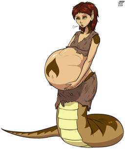 after_vore apode belly big_belly brown_hair duo female female_pred hair legless serpentine simple_background split_form vore white_background a0iisa draconcopode lamia reptile scalie snake 2025 hi_res