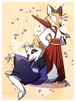 anthro asian_clothing border clothing duo east_asian_clothing female fur japanese_clothing orange_body white_body white_border white_fur animatedmau other_side chloe_(animatedmau) rey_(animatedmau) arctic_fox canid canine fennec_fox fox mammal true_fox 2026 absurd_res hi_res