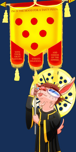 ahoge anthro bangs banner beard black_clothing black_outfit black_robe blue_eyes brown_eyebrows brown_hair cheese clothing dairy_products dewlap_(anatomy) eyebrow_through_hair eyebrows eyewear facial_hair fingers food footwear fur glasses glistening glistening_nose gold_accents hair halo hooved_fingers hooves horizontal_pupils horn long_ears looking_at_object looking_up male meat pepperoni philtrum pink_body pink_fur pink_nose pizza pizza_crust pizza_cutter pole pupils red_clothing red_footwear red_shoes robe rope scut_tail shoes short_tail simple_background solo tail tassels text thick_eyebrows tongue tongue_out translucent translucent_hair transparent_background whisker_spots schreckengast german_mythology mark_(schreckengast) bovid caprine goat mammal 2026 absurd_res alpha_channel digital_drawing_(artwork) digital_media_(artwork) english_text hi_res meme