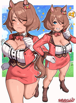 5_fingers big_breasts bodily_fluids boots bottomwear breasts brown_hair brown_tail cleavage clothed clothing ear_piercing ear_ring eyes_closed female female_humanoid fingers flying_sweatdrops footwear gesture gloves hair hand_gesture hand_on_hip handwear high_heeled_boots high_heels jacket light_body light_skin markings mole_(marking) mole_on_breast mole_under_mouth motion_outline navel_outline one_eye_closed open_clothing open_jacket open_topwear piercing pink_bottomwear pink_clothing pink_jacket pink_skirt pink_topwear raised_finger raised_index_finger ring_piercing shoes skirt smile solo sparkles sweat sweatdrop tail topwear white_clothing white_gloves white_handwear sarukaiwolf cygames uma_musume_pretty_derby fan_character animal_humanoid equid equid_humanoid equine equine_humanoid horse_humanoid humanoid mammal mammal_humanoid 2026 absurd_res alternate_version_at_paywall hi_res signature