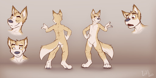 anthro casual_nudity eyes_closed male nude open_mouth red_eyes smile solo iztli canid canine canis domestic_dog mammal 2015 absurd_res hi_res model_sheet signature