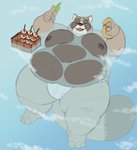 2020 anthro asian_clothing bathing belly bulge canid canine captainjusticevirtsuoso clothing east_asian_clothing food fundoshi hi_res humanoid_hands japanese_clothing justicecaptainv leaf male mammal moobs nipples obese obese_anthro obese_male one_eye_closed overweight overweight_anthro overweight_male raccoon_dog solo tanuki underwear water wink