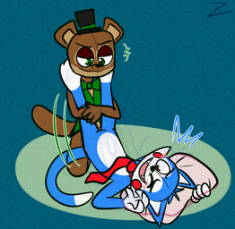 anthro chuckling clothed clothing duo fully_clothed genitals laugh leg_pull lying male male/male on_back penis playful zurzure fazbear_fanverse five_nights_at_candy's popgoes candy_(fnac) candy_the_cat popgoes_the_weasel domestic_cat felid feline felis mammal mustelid musteline true_musteline weasel