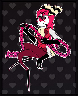1_eye antennae_(anatomy) bottomwear chain cheek_spots chest_fur clothing crossed_legs hair heart_eyes heart_symbol lidded_eyes looking_at_viewer male multi_arm multi_limb not_furry pants pattern_background pink_hair ponytail simple_background sitting smile solo topwear vest white_body wings zombieyvalia hellaverse fan_character animal_humanoid arthropod arthropod_humanoid cyclops demon humanoid insect insect_humanoid lepidopteran lepidopteran_humanoid hi_res