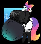 4_ears anthro belly belly_overhang big_belly big_breasts blush bodily_fluids bottomless breasts clothed clothing colorful_fur embarrased_horny embarrassed female footwear hoodie hoodie_only huge_belly huge_breasts hyper hyper_belly hyper_pregnancy lactating lactating_through_clothing legwear multi_ear multicolored_ears multicolored_tail navel outie outie_navel paws pointy_snout pregnant pregnant_female socks solo stretch_marks tail thigh_highs thigh_socks topwear topwear_only unborn_kicking wet wet_clothing daebelly dae_(daebelly) hi_res trans_(lore) trans_woman_(lore)