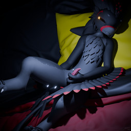 4_ears animal_genitalia anthro bed black_body black_feathers black_fur black_sclera black_tail bodily_fluids chest_tuft claws erection fangs feather_hair feathered_crest feathers feet fur furniture genital_fluids genital_slit genitals glowing glowing_eyes grey_body grey_feathers grey_fur grin half-closed_eyes head_crest high-angle_view leaking_precum looking_pleasured lying lying_on_bed male markings masturbation multi_ear multicolored_body multicolored_feathers narrowed_eyes nude on_back on_bed penis pink_genitals pink_penis precum precum_on_penis pseudo_hair red_body red_feathers red_markings smile solo tail tapering_penis teeth tuft two_tone_body wings yellow_eyes jyrahvali mavvy_(jyrahvali) avali avian 1:1 3d_(artwork) blender_(artwork) blender_cycles_(artwork) digital_media_(artwork) hi_res