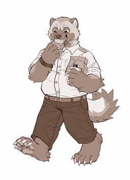 anthro arm_tuft belt beverage bottomwear cheek_tuft claws clock clothed clothing eating elbow_tuft facial_tuft fangs finger_claws fluffy fluffy_tail food front_view holding_beverage holding_food holding_object holding_sandwich male narrowed_eyes neck_tuft pawpads sandwich_(food) slightly_chubby slightly_chubby_anthro slightly_chubby_male solo tail teeth topwear tuft unsigned walking watch wristwatch asnnonaka gruton_(asnnonaka) gulonine mammal mustelid musteline wolverine full-length_portrait hi_res monochrome portrait