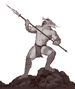 2_horns 5_fingers anthro barbel_(anatomy) biped bottomwear claws clothed clothed_anthro clothed_male clothing countershade_arms countershade_face countershade_legs countershade_neck countershade_torso countershading fingers flesh_whiskers front_view furrowed_eyebrows hair head_horn holding_melee_weapon holding_object holding_polearm holding_spear holding_weapon horn loincloth loincloth_only looking_aside male melee_weapon mouth_closed muscular muscular_anthro muscular_male plantigrade polearm pose snout solo spear toe_claws topless topless_anthro topless_male weapon kingarthur_i mythology dragon eastern_dragon mythological_creature mythological_scalie scalie 2023 digital_drawing_(artwork) digital_media_(artwork) full-length_portrait hi_res monochrome portrait
