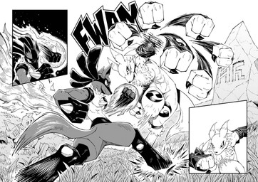 3_fingers abs action_pose angry anthro arm_tuft armwear athletic aura battle biceps big_breasts biped black_body black_claws black_fur black_nose black_sclera breasts bridal_gauntlets butt cheek_tuft chest_tuft claws clothed clothed/nude clothing countershade_torso countershading curvy_figure deltoids dialogue double_tomoe duo ears_back ears_up facial_markings facial_tuft female fight fingers fist fur fur_markings grass head_markings ink jumping larger_female leg_markings logo long_ears long_tale looking_at_another looking_down looking_up male markings mask_(marking) motion_lines muscular muscular_female muscular_male navel neck_tuft nude onomatopoeia outside paws pecs pivoted_ears plant pose punch raised_leg rock running shoulder_tuft simple_background size_difference sky smaller_male sound_effects spikes spread_legs spreading text thick_thighs thigh_markings tomoe_(symbol) triceps tuft tuft_ears white_background white_body white_countershading white_fur wide_hips yin_yang trejoshurtado bandai_namco digimon nintendo pokemon digimon_(species) generation_4_pokemon generation_5_pokemon golurk lucario pokemon_(species) renamon absurd_res black_and_white comic crossover greyscale hi_res monochrome shaded