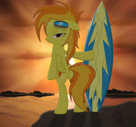 anthro beach bedroom_eyes butt cutie_mark eyewear feathered_wings feathers female goggles hair half-closed_eyes looking_at_viewer multicolored_hair narrowed_eyes outside seaside seductive sky solo sunset surfboard tail vehicle water watercraft wet wings yellow_body yellow_feathers spitshy friendship_is_magic hasbro my_little_pony mythology spitfire_(mlp) wonderbolts_(mlp) equid equine mammal mythological_creature mythological_equine pegasus 2012 hi_res