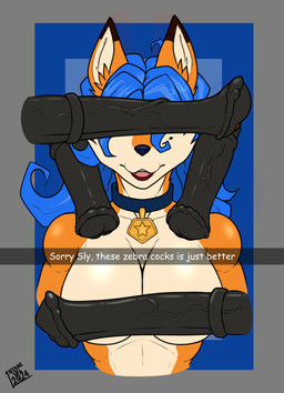 animal_genitalia anthro blue_hair breasts canine_ears caption collar collar_only collar_tag convenient_censorship cuckold disembodied_penis dominant equine_genitalia female female_focus fur genitals group hair interspecies interspecies_domination lips lipstick makeup male markings mole_(marking) mole_under_eye nude nude_anthro nude_female orange_body orange_fur penis solo_focus text insane_lizard_vel can't_see_the_haters sly_cooper_(series) sony_corporation sony_interactive_entertainment sucker_punch_productions carmelita_fox canid canine fox mammal absurd_res english_text hi_res meme