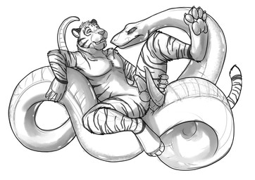 2_penises anal anal_penetration anthro anthro_on_feral anthro_penetrated bestiality duo erection facial_markings feral feral_penetrating feral_penetrating_anthro forked_tongue fur genitals head_markings humanoid_genitalia humanoid_penis male male/male male_anthro male_feral male_penetrated male_penetrating male_penetrating_male markings mouth_closed multi_genitalia multi_penis open_mouth penetration penile penile_penetration penis penis_in_ass sex simple_background slim_anthro slim_male spread_legs spreading striped_arms striped_body striped_face striped_fur striped_legs stripes tapering_penis tongue tongue_out hufnaar hufnaar_(character) felid mammal pantherine reptile scalie snake tiger absurd_res hi_res monochrome sketch
