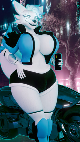 anthro areola areola_slip athletic_wear beverage big_breasts blue_eyes blue_hair bodily_fluids boots bottomless bottomwear breasts bulge clothed clothing cybernetics footwear fur glowing glowing_eyes gym_bottomwear gym_shorts gynomorph hair hand_on_hip intersex jacket jacket_only legwear looking_at_viewer machine motorcycle open_clothing open_jacket open_topwear outside shoes shorts smile smiling_at_viewer solo sweat thigh_boots thigh_highs topwear topwear_only under_boob vehicle white_body white_fur teknotyk vxast_(modeler) cd_projekt_red cyberpunk_2077 tekki_(teknotyk) canid canine exotic_(cyberpunk) fox mammal 3d_(artwork) absurd_res blender_(artwork) digital_media_(artwork) hi_res watermark
