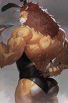 anthro back_muscles barazoku biceps big_butt big_muscles bodily_fluids bubble_butt butt claws clothed clothing deltoids eyebrows fake_ears fake_rabbit_ears frown fur grey_background holding_object huge_butt huge_muscles kemono leotard looking_at_viewer looking_back looking_back_at_viewer male mane muscular muscular_anthro muscular_male plate playboy_bunny raised_tail rear_view scar simple_background solo standing sweat tail tail_grab thick_arms thick_thighs triceps tuft neumokun anothereidos_of_dragon_vein_r bashkar felid lion mammal pantherine 2025 hi_res