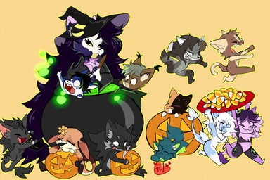 anthro black_sclera bone bone_mask breasts candy candy_corn cauldron chibi cleavage clothed clothing dessert female food fruit group hat headgear headwear holidays horn jack-o'-lantern magic_user male mask plant potion pumpkin purple_body skull skull_mask witch witch_costume witch_hat temporarywizard halloween mythology zula_epsilon canid canine canis caracal caracal_(genus) domestic_cat dragon felid feline felis fox hybrid lagomorph leporid mammal mythological_creature mythological_scalie novabeast rabbit scalie wolf hi_res