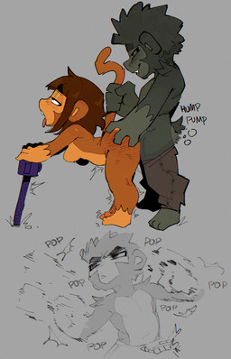 anthro biped bottomwear breasts brown_body brown_fur brown_tail clothing duo female fingers fur grey_body grey_fur male male/female nude nude_anthro nude_female open_mouth penile shorts side_view sound_effects tail tail_grab teeth text tongue tongue_out goonie-san bloons_tower_defense ninja_kiwi goon_(goonie_san) haplorhine mammal monkey primate english_text hi_res