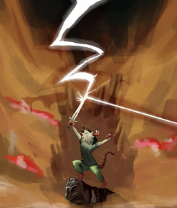 black_hair bottomwear cliff clothing cloud ear_piercing fur green_bottomwear green_clothing green_pants grey_body grey_clothing grey_fur grey_shirt grey_topwear hair lightning_bolt melee_weapon pants piercing pose rat_tail shirt sword tail topwear weapon zombzombzombie emma_(dumb_plague) mammal murid murine rat rodent hi_res