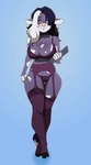 anthro big_breasts breasts clothing female legwear piercing purple_body purple_eyes solo stockings tail underwear kbart bovid bovine cattle mammal animated hi_res