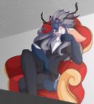 anthro antlers blue_body blue_fur blush blush_stickers bottomwear chair clothing cosplay dress_shirt fur furniture hair horn looking_at_viewer male pants scar shirt sitting smile solo topwear white_body white_fur lolzneo project_diva vocaloid azul_alexander kaito_(vocaloid) deer mammal 2019 hi_res