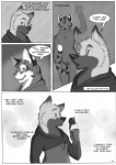 blackmailz canid canine canis clothing comic dessert dialogue domestic_dog english_text felid food fur gesture gray_(blackmailz) greyscale hector_(blackmailz) hi_res ice_cream male mammal monochrome pantherine text tiger waving