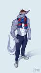 angry anthro biped bottomwear brown_eyes clothing footwear male muscular muscular_anthro muscular_male pants scar shoes simple_background solo shamerli white_oyster sebastian_sikorski fish marine shark absurd_res hi_res