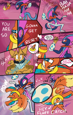 2_tails 8_panel_comic accessory ambiguous_gender anthro attack biped black_cape black_clothing black_eyes black_nose black_text brown_body brown_fur brown_hair cape clothing dialogue egg exclamation_point eyelashes feral fur group hair headband inner_ear_fluff kick motion_lines mouth_closed multi_tail neck_tuft open_mouth open_smile outside pawpads paws plant pose quadruped smile sound_effects speech_bubble tail talking_to_another text tongue tongue_out tree trio tuft white_eyes white_sclera white_text zincxiron nintendo pokemon pokemon_mystery_dungeon spike_chunsoft virmir_(character) buizel eevee generation_1_pokemon generation_4_pokemon generation_8_pokemon inteleon pokemon_(species) shiny_pokemon 2025 absurd_res comic english_text hi_res signature