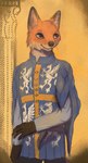 5_fingers anthro black_nose blue_clothing blue_eyes clothed clothing doublet eyebrows fingers fur male medieval medieval_clothing mouth_closed orange_body orange_fur pillar pupils simple_background solo standing whiskers white_body white_fur white_sclera leprzil canid canine fox mammal true_fox 2024 digital_media_(artwork)