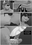 abs anthro anthro_on_anthro beard bodily_fluids canid canine canis comic dialogue domestic_dog duo english_text erection facial_hair genital_fluids genitals hair hi_res humanoid_genitalia humanoid_penis ken_(sush1d0g3) kissing male male/male mammal masturbation monochrome penile penile_masturbation penis ponytail precum pubes sound_effects speech_bubble sush1d0g3 text