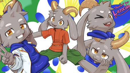 5_toes anthro blue_clothing blue_hoodie blue_topwear bottomwear clothed clothing curved_horn feet fingers fur gesture green_bottomwear green_clothing green_pants grey_body grey_fur hair half-closed_eyes hand_gesture hoodie horn jacket long_ears looking_at_viewer male narrowed_eyes one_eye_closed open_mouth orange_clothing orange_shirt orange_topwear pants shirt simple_background sitting smile solo toes topwear v_sign white_background white_bottomwear white_clothing white_jacket white_topwear yellow_eyes seen023hey bolgogi bovid caprine goat mammal absurd_res digital_media_(artwork) hi_res