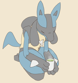 anthro blue_body blue_fur chest_spike container cup eyes_closed fur gloves_(marking) grey_body grey_fur holding_container holding_cup holding_mug holding_object kneeling male male_anthro markings mug nude simple_background solo spikes spikes_(anatomy) yellow_body yellow_fur hardscales nintendo pokemon generation_4_pokemon lucario pokemon_(species) absurd_res hi_res