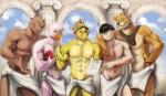 anthro banana food fruit group male muscular muscular_male nipples plant sunhuiz angels_with_scaly_wings mr._osomatsu mythology adine_(angels_with_scaly_wings) karamatsu_matsuno saucy_(sunhuiz) avian bird canid canine canis domestic_dog dragon human lizard mammal mythological_creature mythological_scalie reptile scalie hi_res