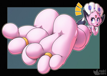 3_toes ambiguous_anthro ambiguous_gender anthro big_feet black_border border butt digit_ring emanata eyelashes fangs feet foot_fetish foot_focus forehead_gem gem jewelry looking_at_viewer looking_back looking_back_at_viewer outline pink_body plantigrade ring soles solo tail teeth text toe_ring toes rodricoro nintendo pokemon kerolink generation_4_pokemon pokemon_(species) shiny_pokemon weavile artist_name colored shaded watermark
