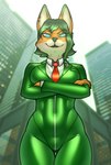 2023 absurd_res anthro big_breasts blue_eyes bodysuit breasts buffbumblebee building business_suit canid canine city city_background clothed clothing crossed_arms dipstick_ears female fox fur green_bodysuit green_clothing green_hair green_latex green_skinsuit green_suit hair hi_res latex latex_clothing latex_skinsuit looking_at_viewer low-angle_view mammal multicolored_body multicolored_ears multicolored_fur necktie orange_body orange_fur red_necktie rubber_clothing skinsuit skyscraper solo standing story story_in_description suit thigh_gap tight_clothing white_body white_fur zipper zyla_garthori_(zylo_garoh)