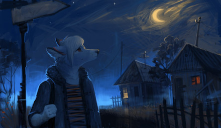 anthro backpack building clothed clothing fur hair house male moon night outside solo standing whiskers keumano canid canine fox mammal
