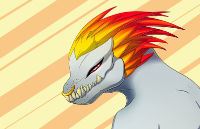 anthro facial_piercing feather_hair feathered_crest feathers female freckled_face freckles head_crest looking_at_viewer narrowed_eyes nose_piercing nose_ring piercing pink_eyes pink_sclera pseudo_hair pupils red_body red_feathers ring_piercing sharp_teeth slit_pupils smile solo speckled_body teeth white_body yellow_body yellow_feathers lady_ahiru halo_(series) microsoft xbox_game_studios zir-zen alien ibie'shan kig-yar scalie colored hi_res
