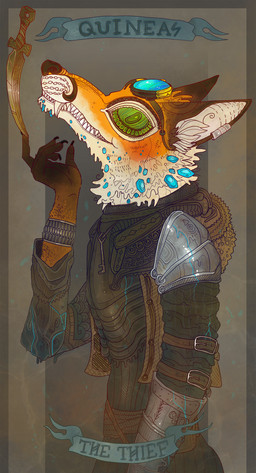 anthro armor biped claws dagger eyewear fur goggles green_eyes key melee_weapon multicolored_body multicolored_fur piercing smile solo standing two_tone_body two_tone_fur weapon wristband jeanwoof canid canine fox mammal digital_media_(artwork) hi_res