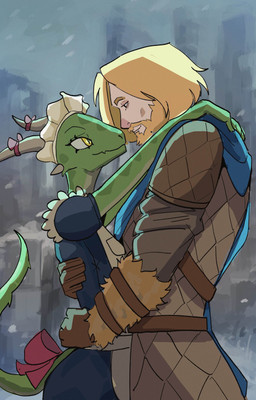 anthro clothed clothed_anthro clothed_female clothed_human clothed_male clothing duo female female_anthro female_on_human hug human_on_anthro interspecies larger_human larger_male looking_at_another maid_uniform male male/female male_human male_on_anthro outside size_difference smaller_anthro smaller_female uniform basedbinkie bethesda_game_studios microsoft skyrim the_elder_scrolls argonian human mammal scalie 2026 absurd_res english_description hi_res