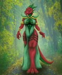 anthro breasts cleavage clothed clothing dress female forest harness plant pose solo tail tree rahir mythology dragon mythological_creature mythological_scalie reptile scalie 5:6 digital_media_(artwork) hi_res