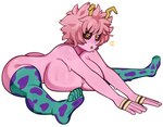 big_breasts black_sclera bodily_fluids breast_rest breast_squish breasts butt clothing female horn huge_breasts legwear looking_at_viewer not_furry pink_body sitting solo spread_legs spreading squish stretching sweat thick_thighs thigh_highs yellow_eyes melonpuff my_hero_academia ashido_mina horned_humanoid humanoid quirked_human_(my_hero_academia) absurd_res hi_res