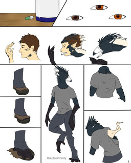 blue_body brown_eyes brown_hair close-up clothed clothing drugs front_view fully_clothed growth hair human_to_anthro human_to_feral male markings orange_eyes pills rear_view shoe_burst side_view simple_background snout snout_growth solo species_transformation standing text transformation transformation_sequence white_background white_markings wing_growth wings theeldertrinity hanna-barbera space_ghost_(series) brak william_magpie avian human mammal 2016 4:5 artist_name colored comic hi_res