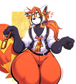 anthro blush blush_lines bottom_heavy bottomwear clothing colored_nails eyelashes eyewear femboy fluffy fluffy_tail glasses hair holding_eyewear holding_glasses holding_object huge_thighs long_hair male nails orange_bottomwear orange_clothing orange_nails orange_pants pants ponytail solo tail thick_thighs boot_(artist) kassidy_(boot) ailurid mammal red_panda 2026