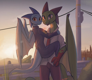 anthro blue_body bottomwear clothed clothing detailed_background duo female fence fully_clothed furgonomics gloves_(marking) grass green_body horn looking_at_viewer male markings membrane_(anatomy) membranous_wings mountain necktie open_mouth open_smile outside pants plant power_lines shirt sky smile sun tail teeth topwear tree wings enginetrap european_mythology mythology malphas_(enginetrap) syl_(enginetrap) dragon mythological_creature mythological_scalie scalie western_dragon 2020 absurd_res digital_media_(artwork) hi_res shaded signature