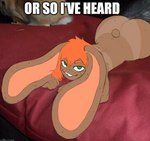 anthro big_butt buckteeth butt female freckles green_eyes hair lying markings nude short_hair solo tan_markings teeth wide_hips rawhell or_so_i've_heard lake_smith lagomorph leporid mammal rabbit meme